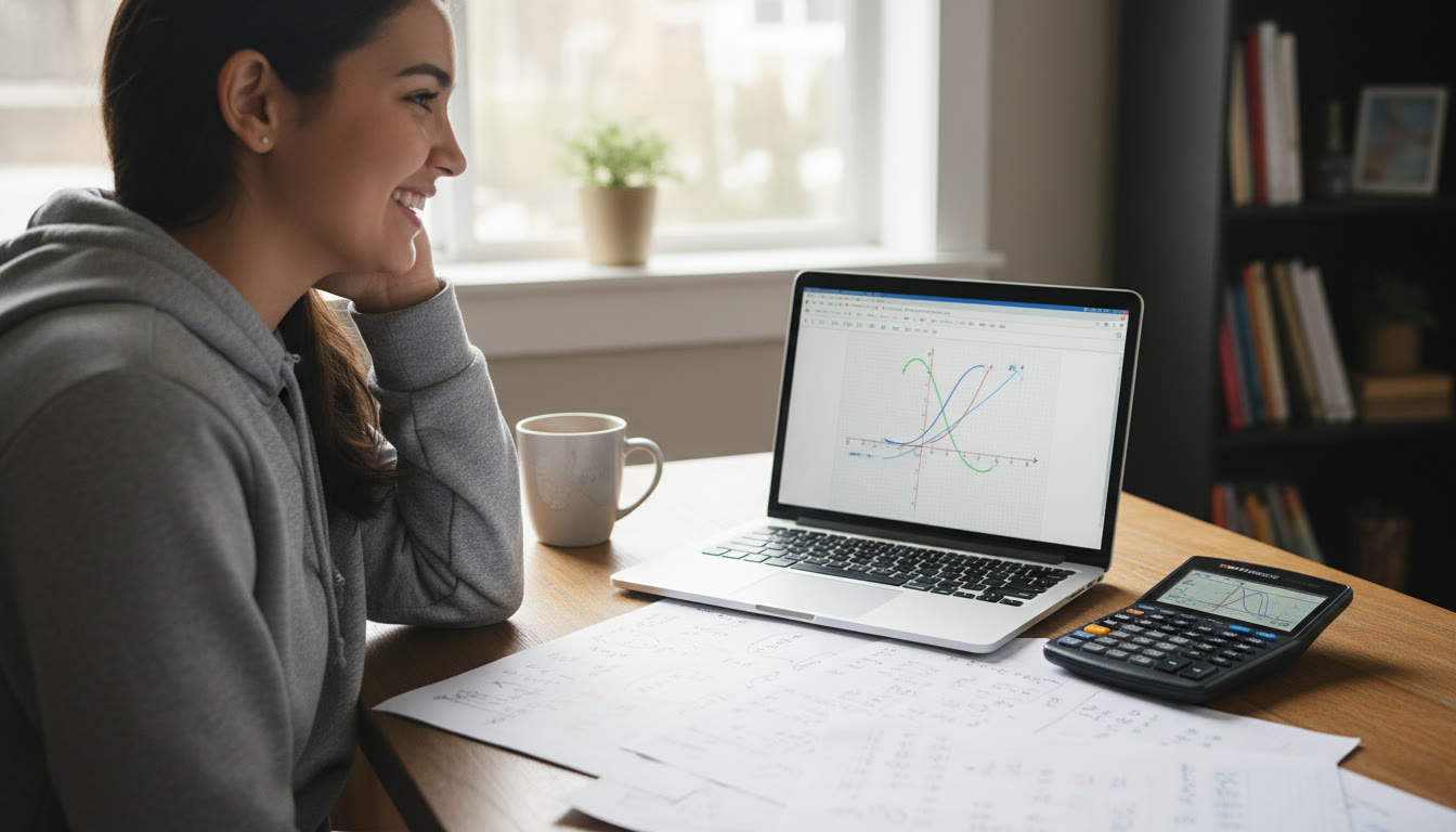 Photo Idea : Student at a desk using a laptop with Desmos visible on the screen and a handheld graphing calculator beside it; soft natural light, annotated notes and a coffee cup to create a focused study vibe.