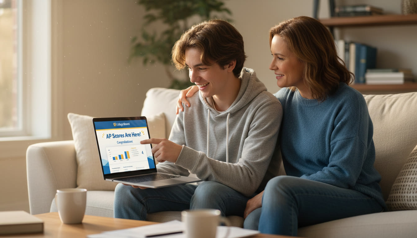 Photo Idea : A parent and teen sitting on a couch, sharing a laptop screen. The parent looks attentive and relaxed while the teen points to the screen, both lit by soft afternoon light—this illustrates a supportive conversation after AP scores arrive.