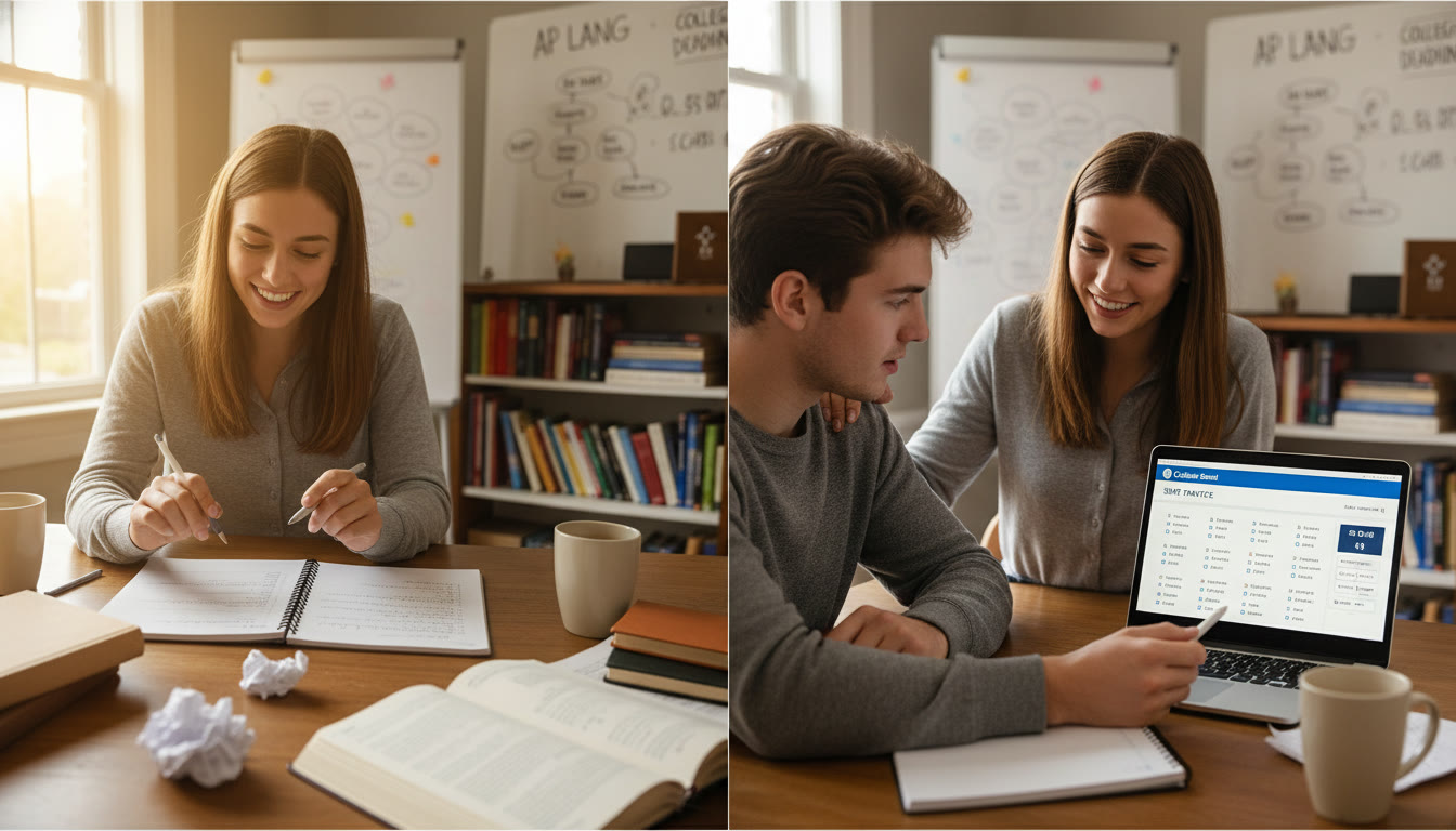 Photo Idea : A warm, motivating scene of a tutor and student working together on an AP essay and then switching to a laptop where SAT practice problems are visible illustrating personalized, integrated support that balances both goals.