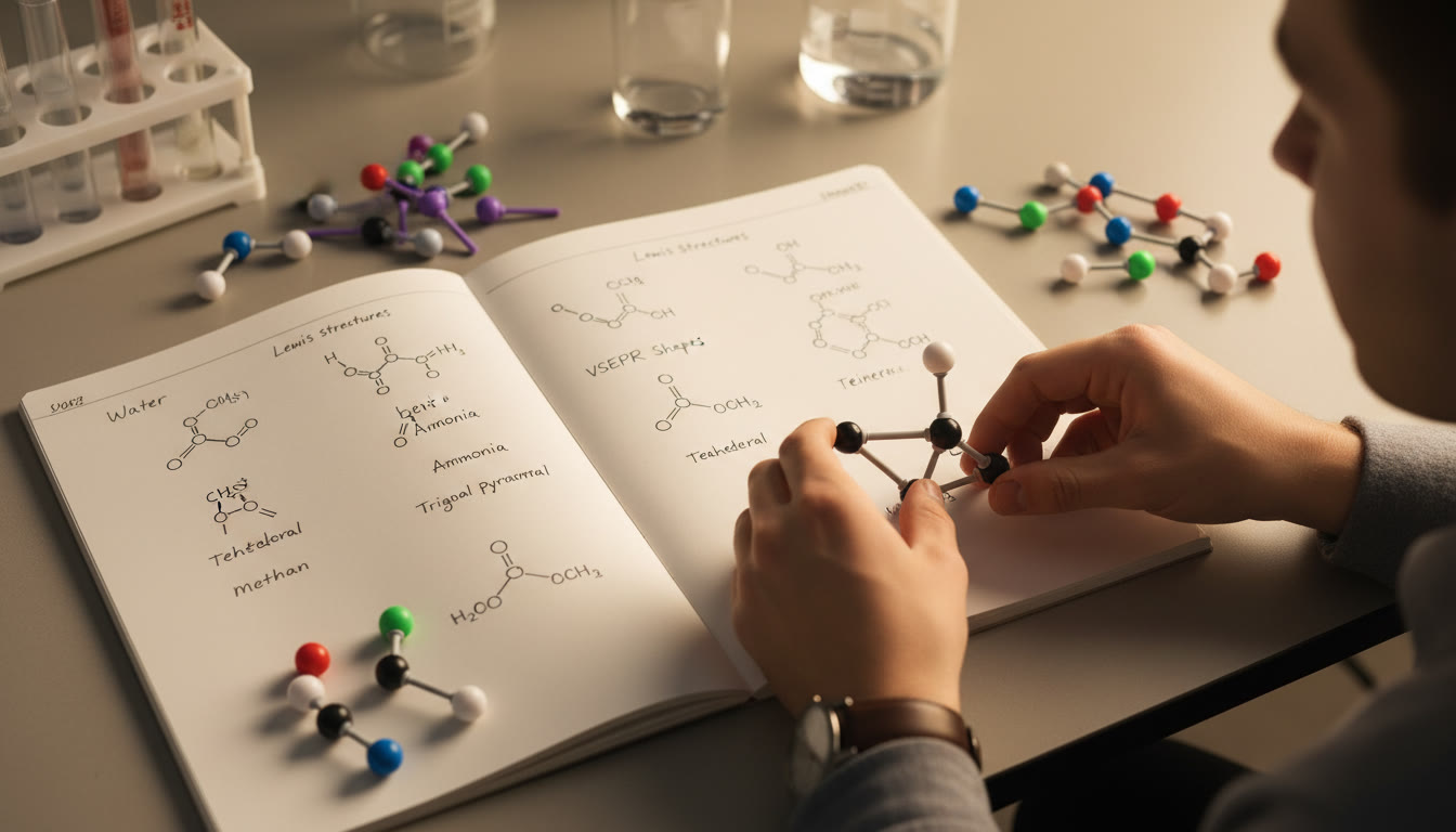Photo Idea : A close-up, top-down photo of a lab bench with molecular model kits and a notebook showing sketches of Lewis structures and VSEPR shapes. Warm lighting, hands arranging ball-and-stick pieces.