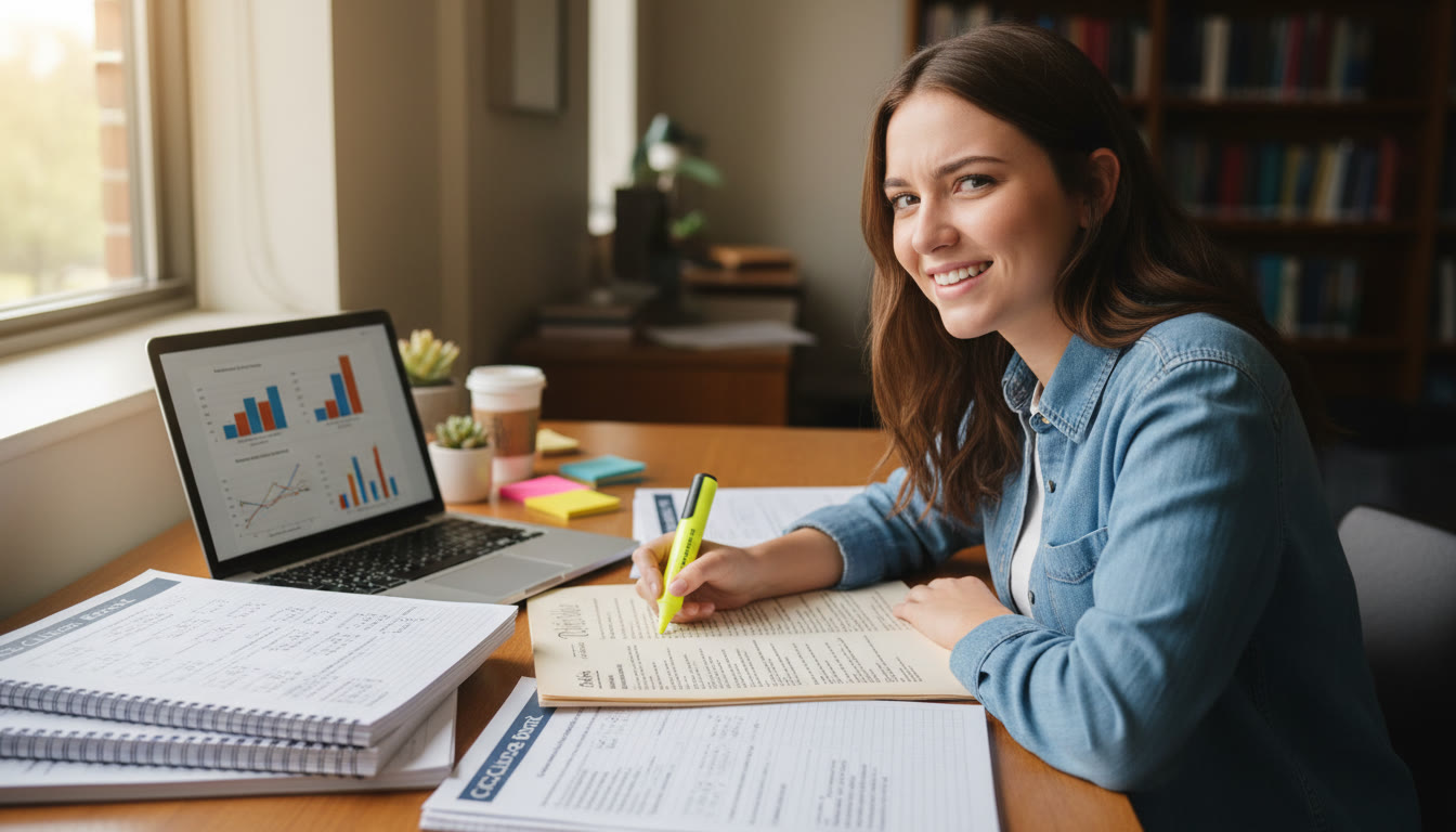 Photo Idea : A focused study scene with a student annotating a printed primary source (Constitution or court opinion) beside a laptop with data charts—visualizes combining documents and empirical evidence. Place near practice exercises.