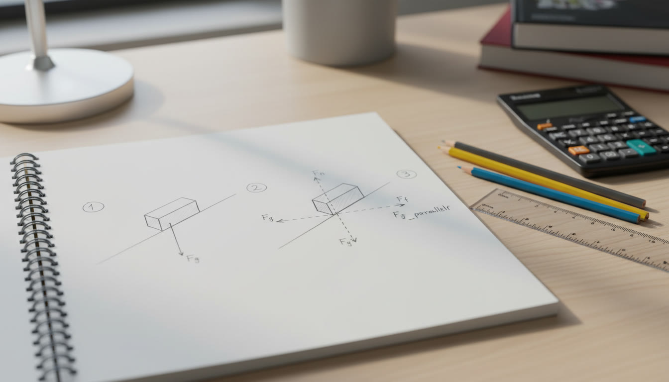 Photo Idea : A clean notebook page showing a step-by-step free-body diagram of a block on an incline—pencils, ruler, and a scientific calculator nearby to evoke focused study.