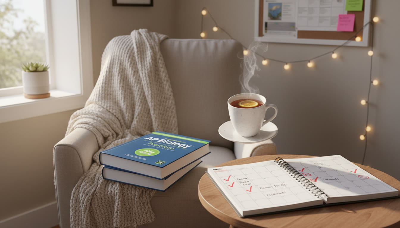 Photo Idea : A calm study nook with an AP Biology textbook, a neatly written planner opened to May with checked boxes, and a cup of tea — conveys preparation and serenity.