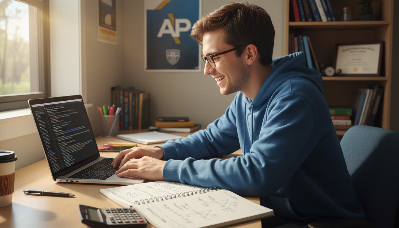 Photo Idea : A bright, focused image of a student coding on a laptop with a notebook of calculus problems beside them, suggesting the intersection of programming and math — ideal for illustrating AP to college transitions late in the article.