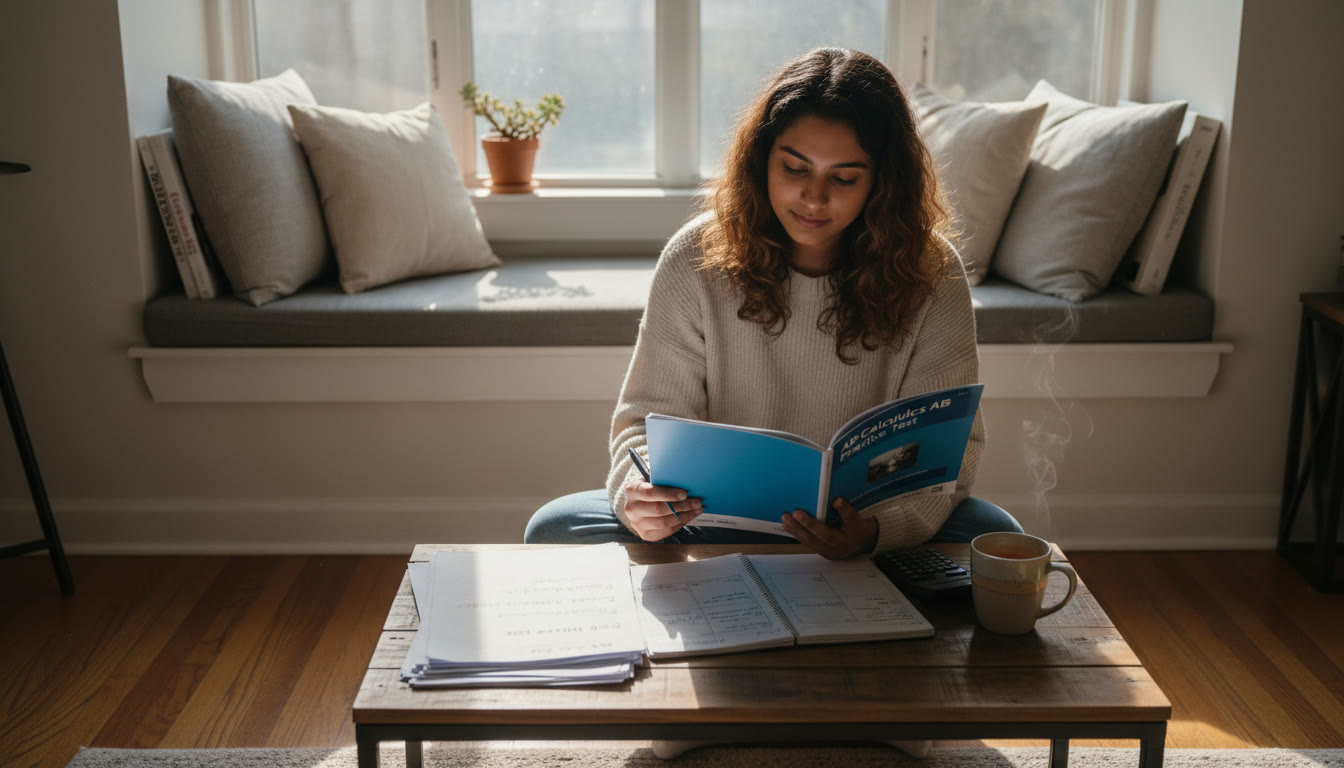 Photo Idea : A relaxed weekend study scene with a student reviewing an AP practice test, a small stack of CBSE/ICSE worksheets nearby, a planner open to a weekly schedule, and a cup of tea. The image should convey focus balanced with calm.