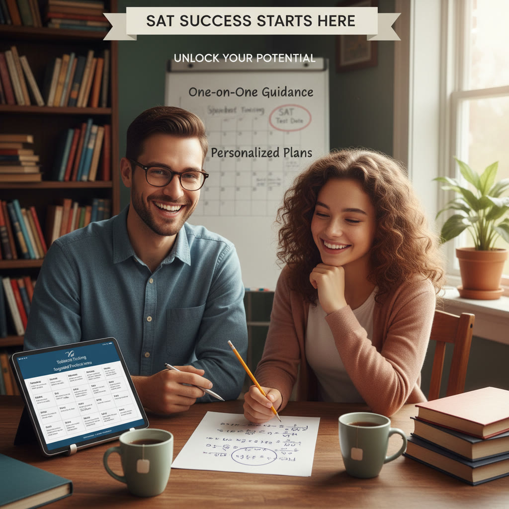 Comfortable tutoring session with a student and a tutor discussing a math problem on paper, a tablet showing suggested practice items, and a friendly, supportive atmosphere — highlights one-on-one guidance and tailored plans.