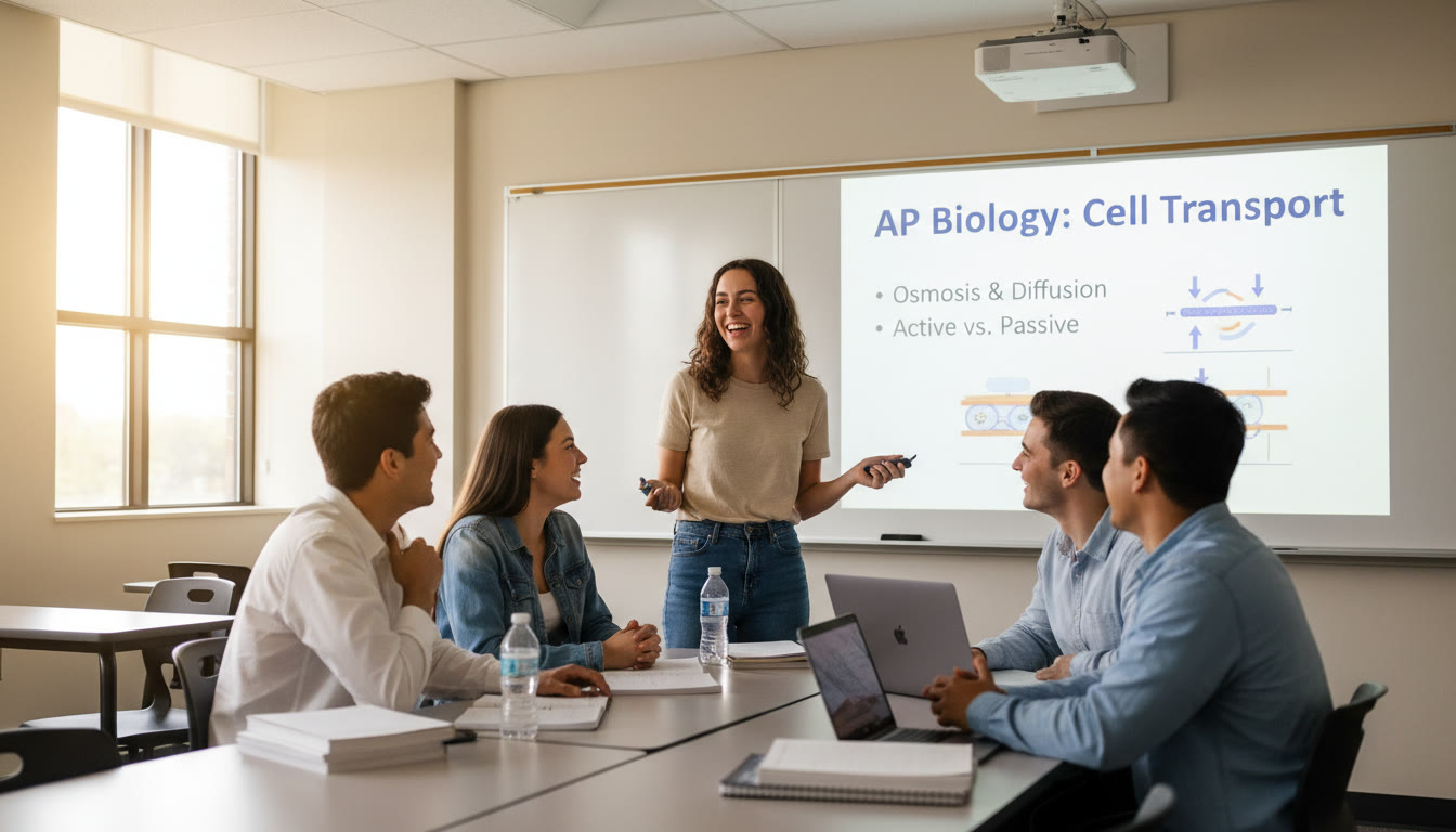 Photo Idea : A small study group in a classroom gathered around a projector, nodding while a student presents a clean, minimalist slide. Warm, candid moment showing engagement and clarity.