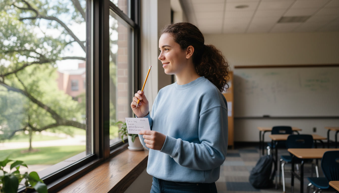 Photo Idea : A student standing at a school window looking out at trees, holding a pencil and a small index card with key formulas — calm, focused expression, soft daylight.