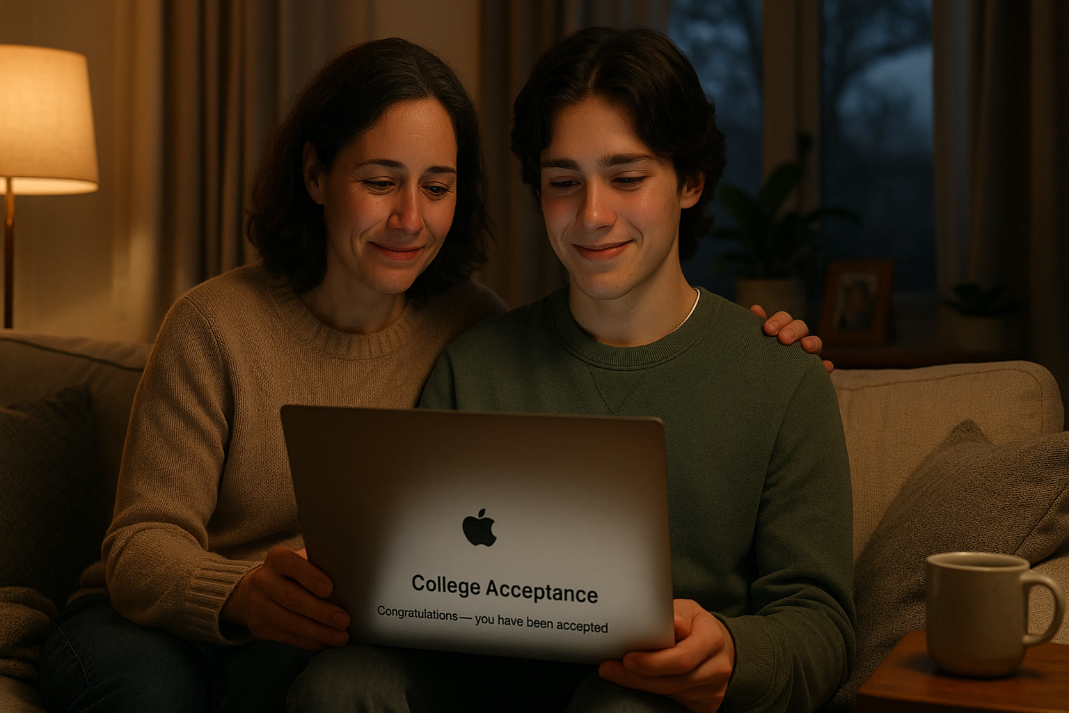 Photo Idea : Parent and teen reviewing a college acceptance email together on a sofa, expressions of quiet pride and relief, warm evening lighting.