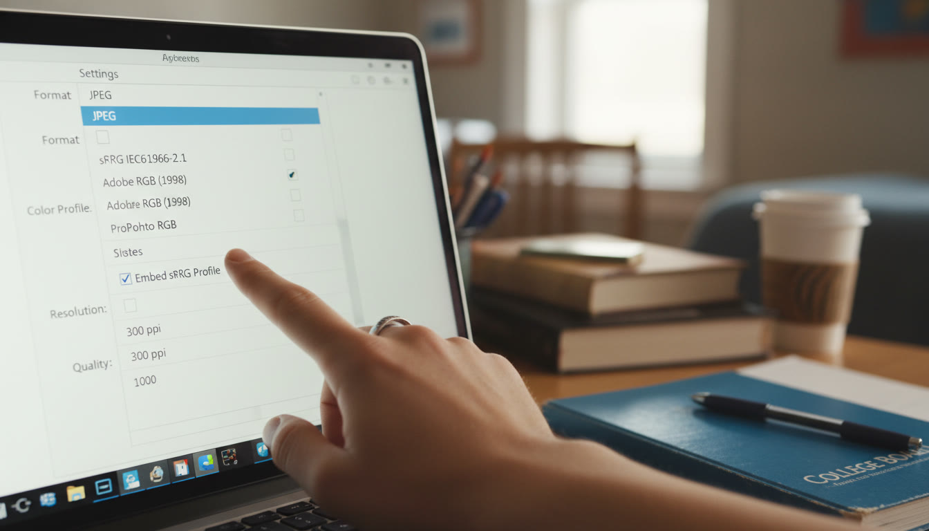 Photo Idea : A close-up of a laptop screen showing export settings (format, color profile, resolution) with a student’s hand pointing to the 