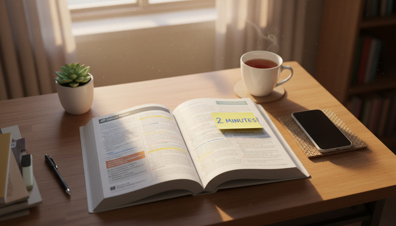 Photo Idea : Overhead shot of a student’s neat desk with an open AP textbook, a sticky note that says 