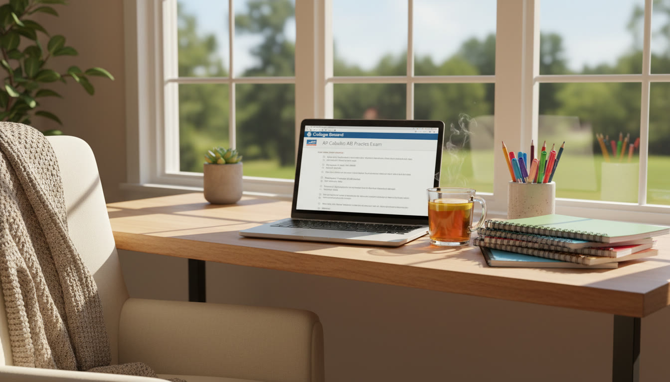 Photo Idea : A cozy desk by a sunny window with neatly organized notebooks, colored pens, a laptop showing a practice exam, and a mug of tea—illustrating a peaceful solo study retreat environment.