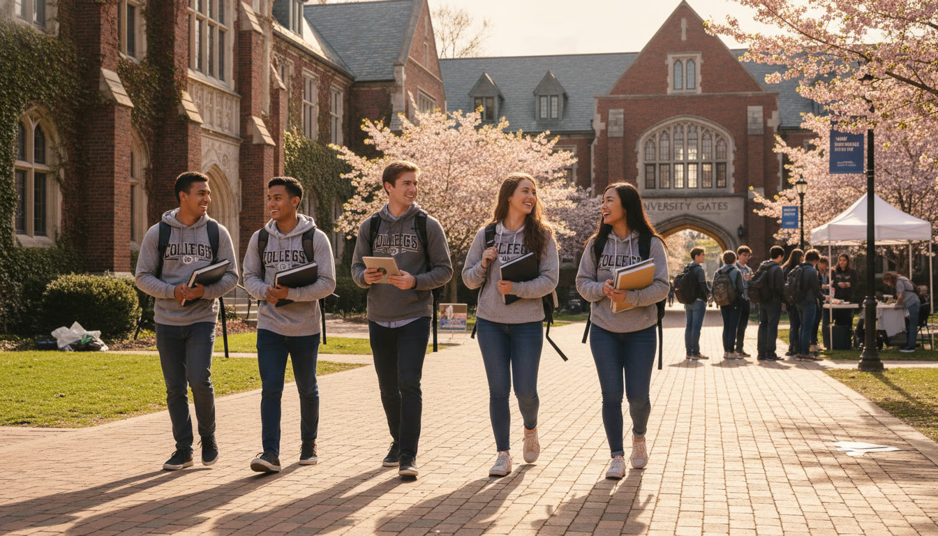 Photo Idea : A joyful campus scene of first-year students walking near academic buildings with backpacks—captures a sense of arrival, possibilities, and the payoff of careful AP planning.