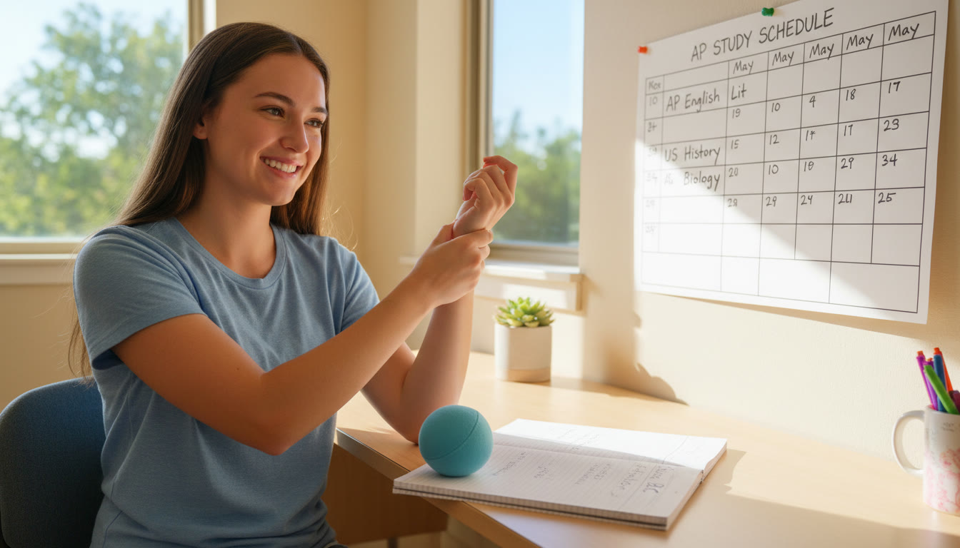 Photo Idea : A bright study corner showing a student doing simple wrist stretches over a notebook, with a soft therapy ball and a neatly arranged AP study schedule in the frame.