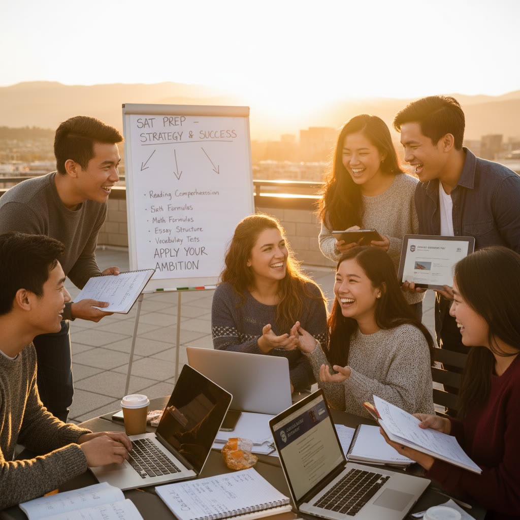 Photo Idea : A study group of diverse international students on a rooftop near sunset, some with laptops and notebooks open, discussing application essays and test strategies—conveys community, ambition, and real-world preparation.