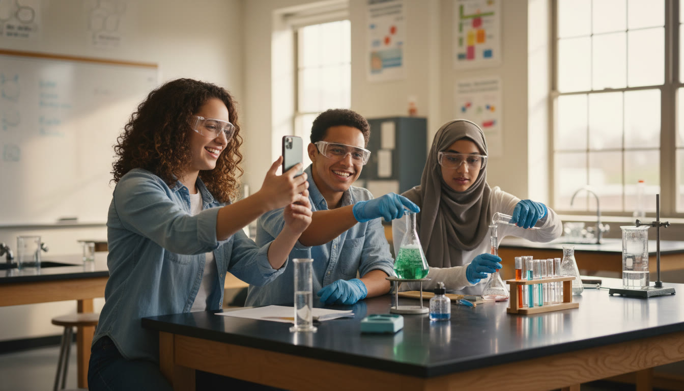 Photo Idea : A warm, candid shot of diverse high school students in goggles and gloves, collaborating over a well-organized lab bench as one student holds a camera phone at a respectful distance—captures teamwork, safety gear, and consent-aware documentation.