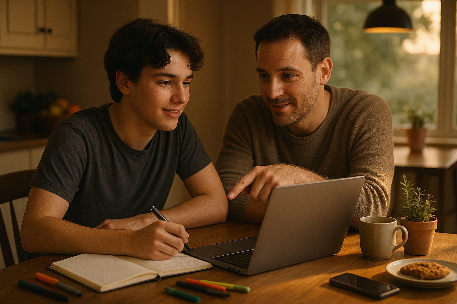 Photo Idea : A cozy kitchen table scene with a student and parent leaning over a laptop and a notebook, mid-conversation—warm light, relaxed posture, supportive body language.