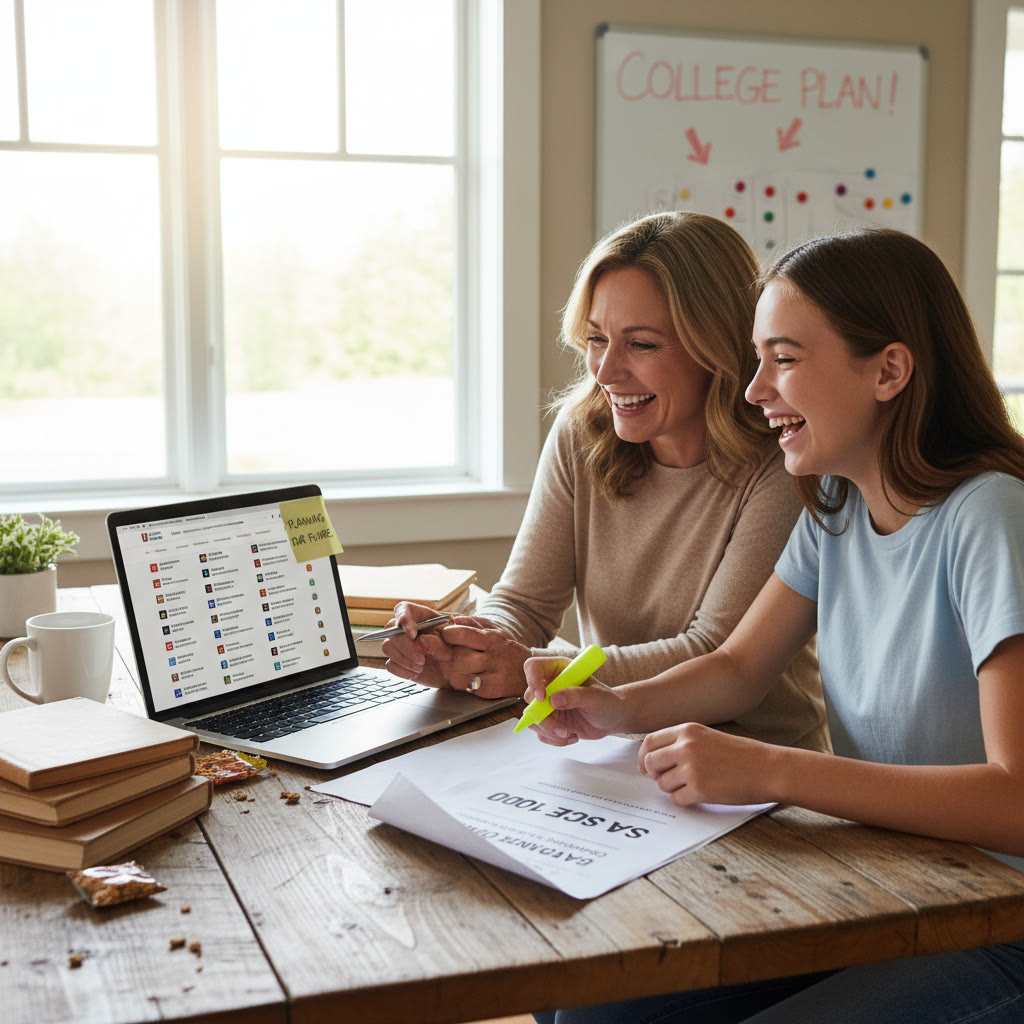 Photo Idea : A parent and teen sitting together at a kitchen table, reviewing a college list and a printout showing an SAT score of 1500, smiling and planning next steps.