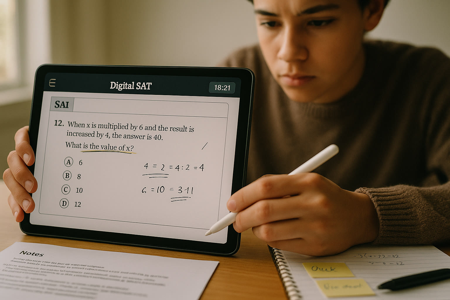 Photo Idea : A close-up of a student taking a practice Digital SAT on a tablet, with annotations and a tutor’s notes visible, capturing the focus and digital format.