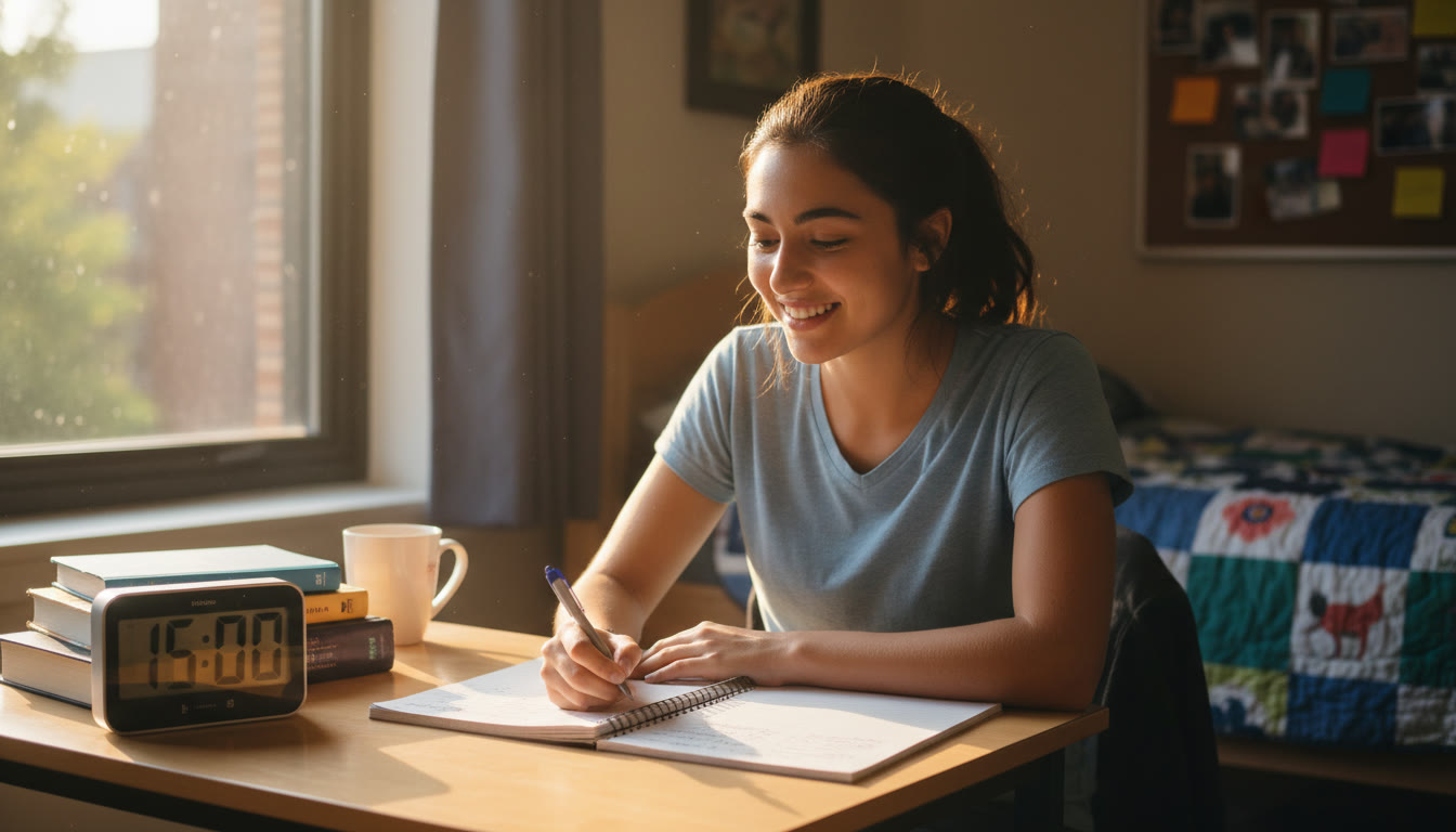 Photo Idea : A focused student at a small desk with a notebook and a timer showing 15:00, sunlight spilling in—conveys calm, concentrated effort in a busy schedule.