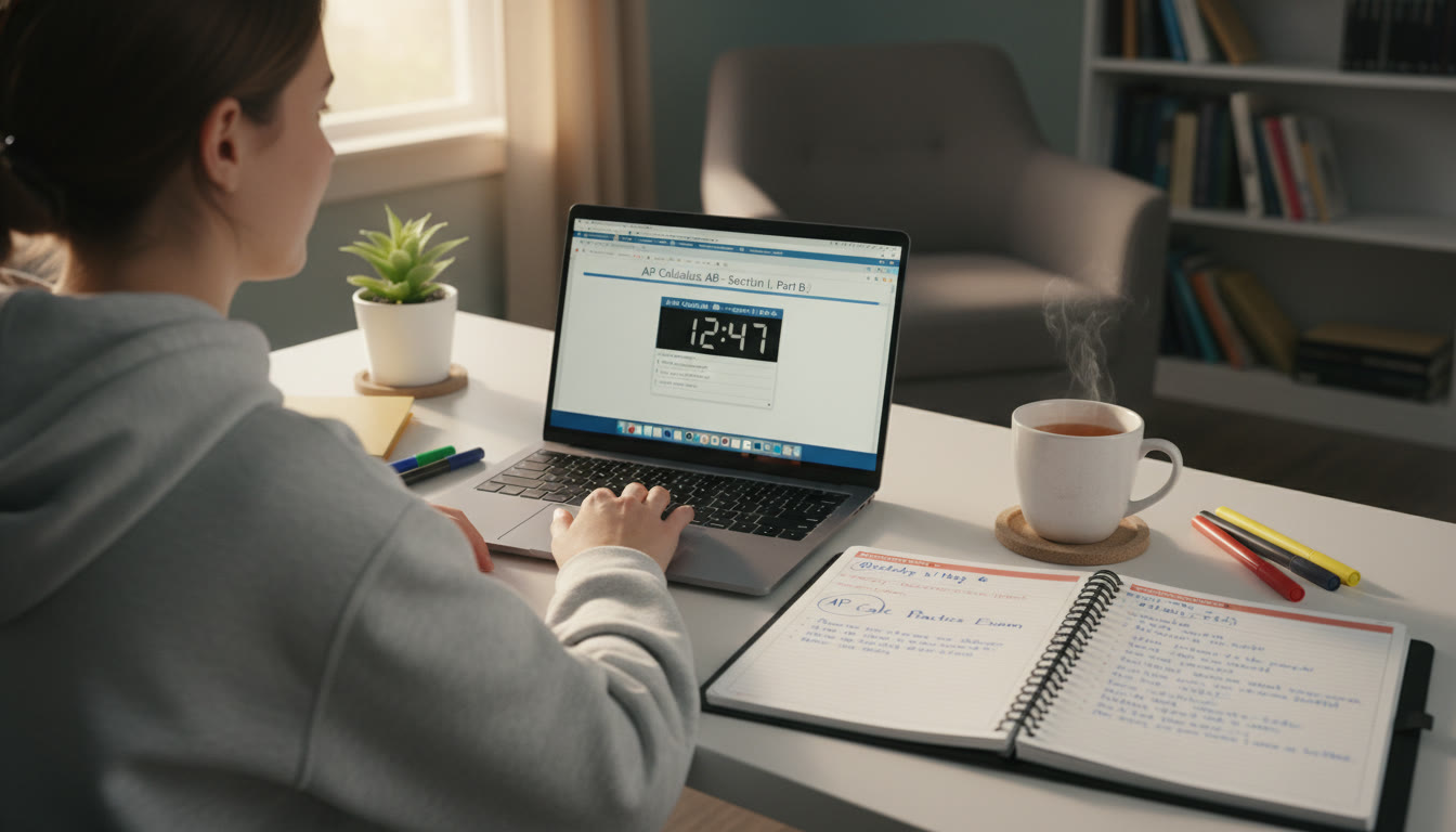 Photo Idea : A calm desk scene showing a student taking a timed practice exam with a planner open, a tutor’s notes nearby, and a cup of tea — conveys focus, routine, and the study environment that supports success.