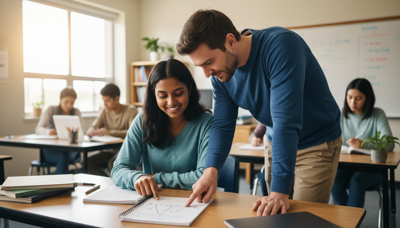 Photo Idea : A bright, welcoming classroom scene where a student and teacher lean over a notebook, pointing at a graph—captures engaged, focused office-hours collaboration.