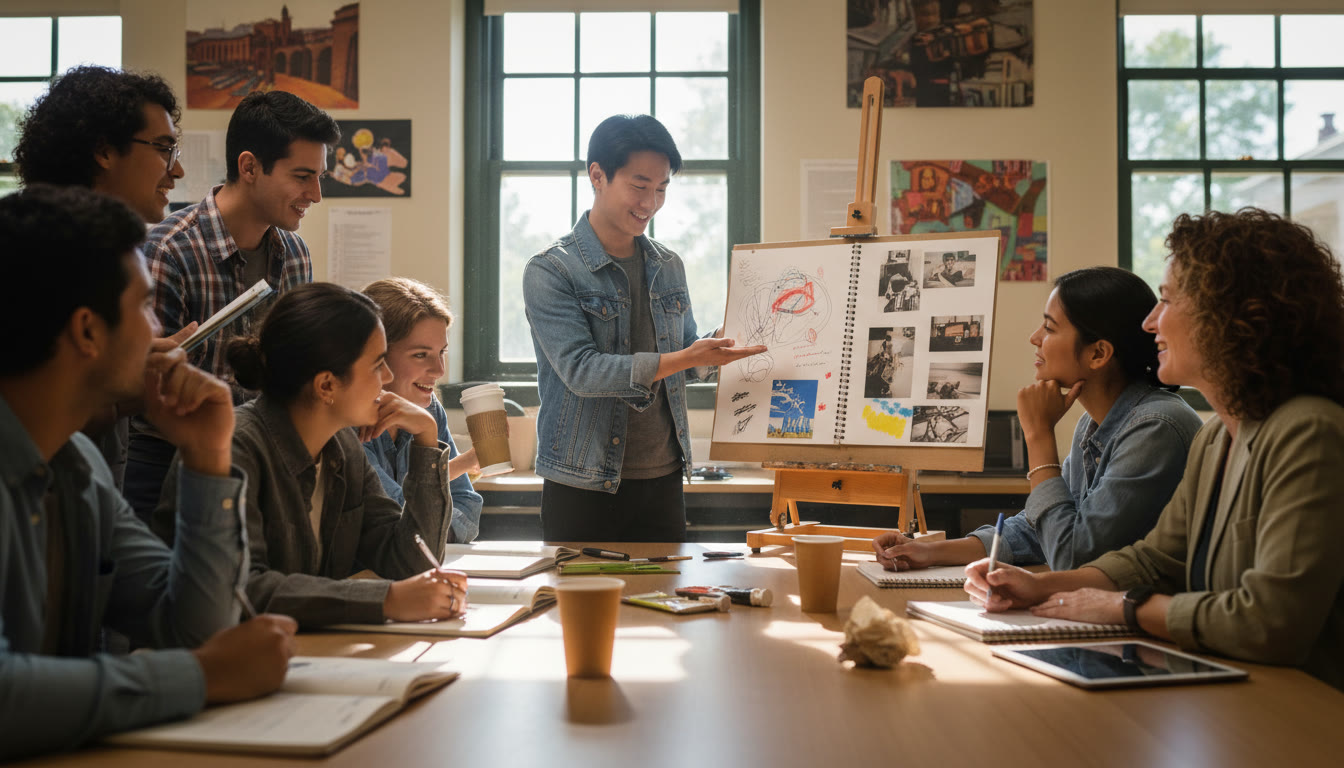Photo Idea : A classroom critique scene with a student presenting a portfolio page, peers looking on, and a teacher making notes—captures process, community feedback, and the lived experience of refining voice.