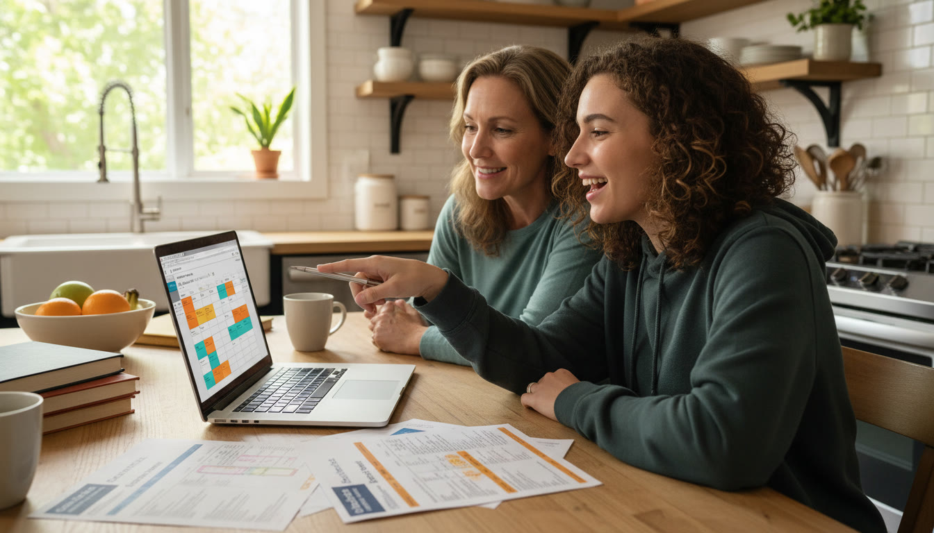 Photo Idea : A warm scene of a student and a parent in a cozy kitchen plotting a course schedule on a laptop, AP score reports beside them — conveys collaboration and next-step planning.