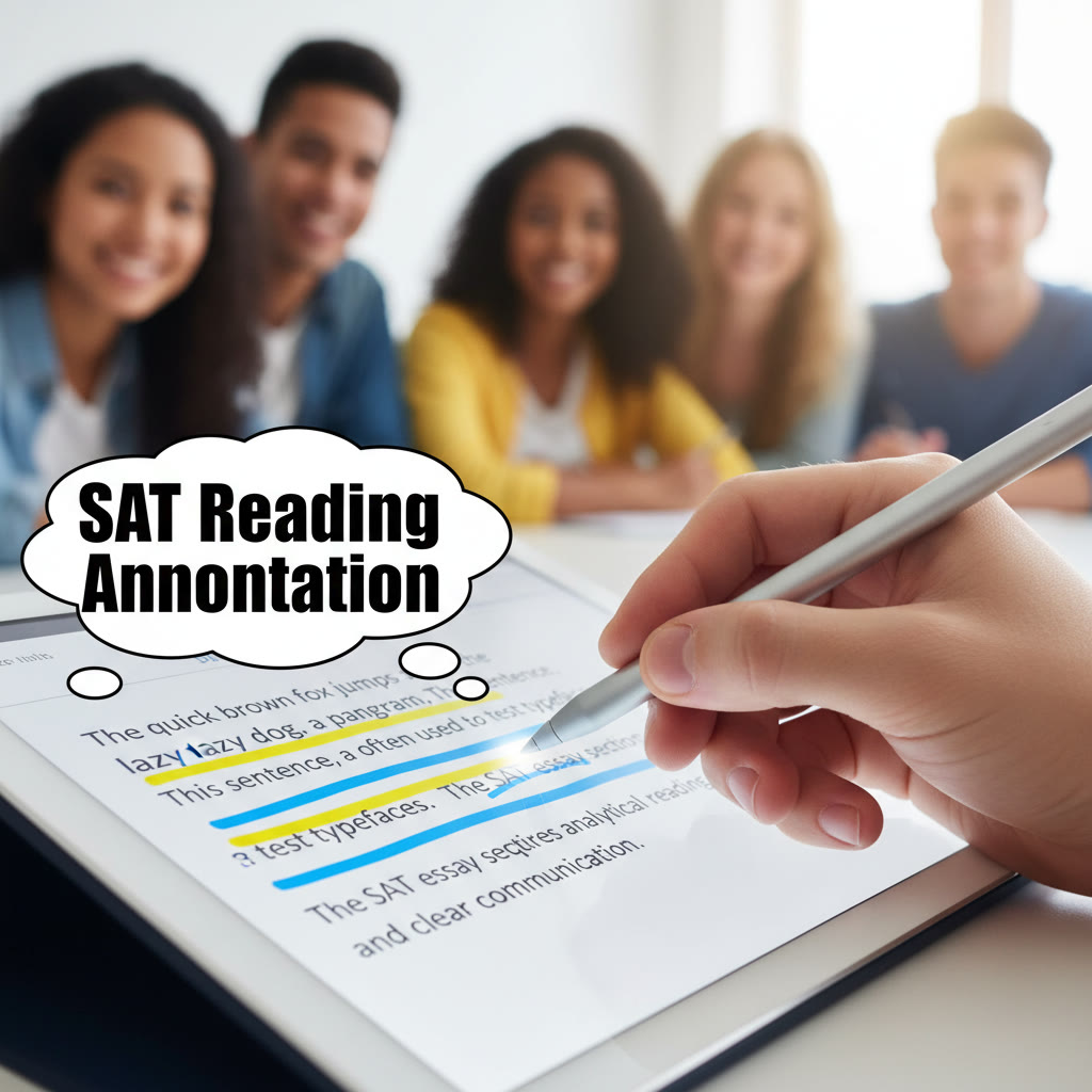 Close-up of a student's hand using a stylus to highlight a digital passage, illustrating annotation technique