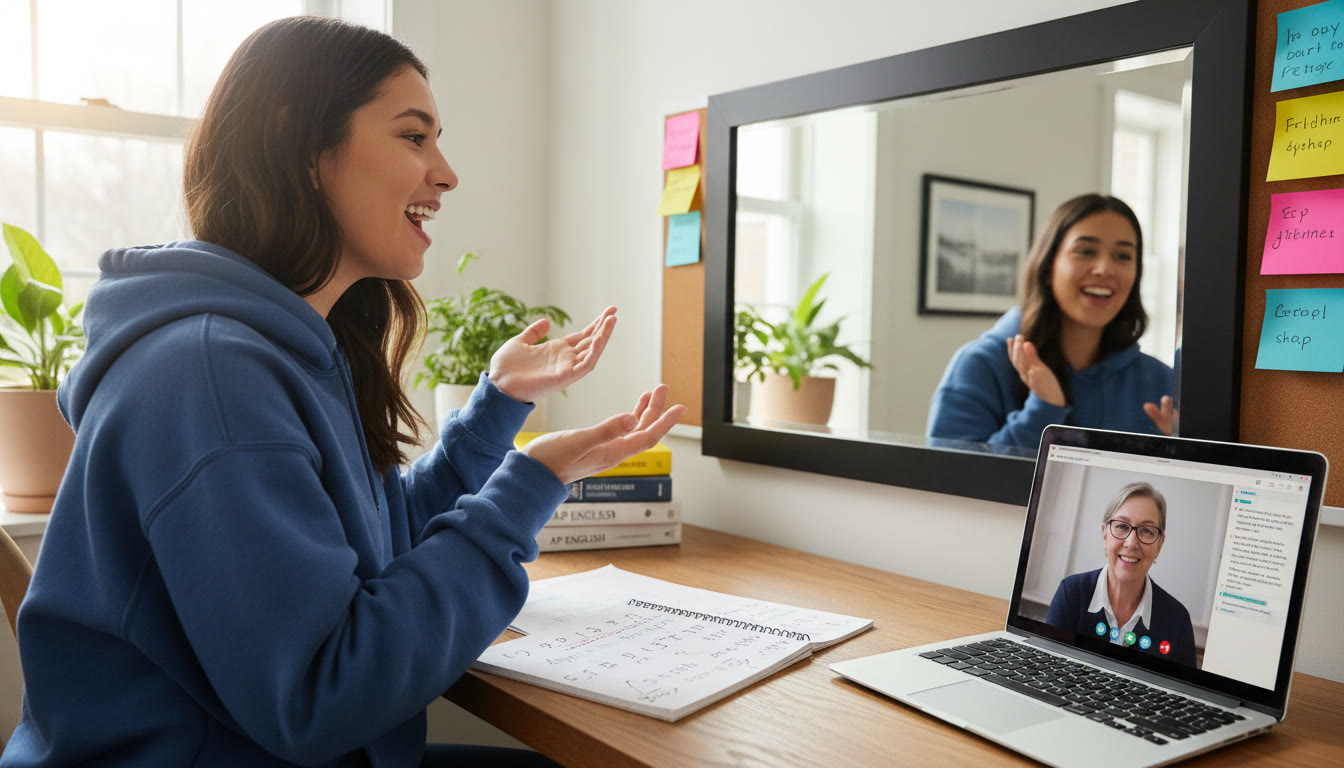 Photo Idea : A bright, friendly study nook with a student practicing aloud in front of a mirror, phonetics notes on the desk, and a laptop showing a tutor on a video call. Capture a candid moment of focused practice.