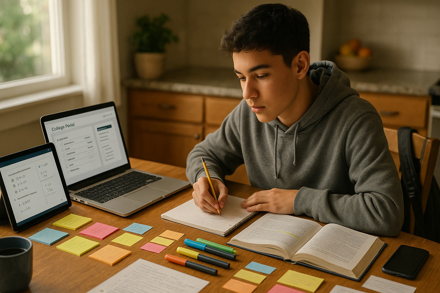Photo Idea : A high school student at a kitchen table covered with notes, a laptop open to a college portal, and a tablet showing practice questions — daylight streaming through a window to suggest calm, organized preparation.