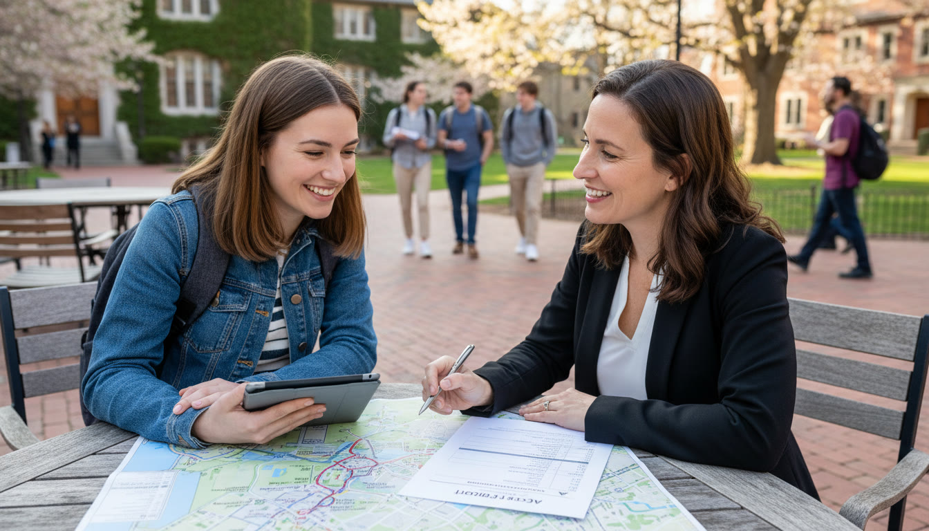Photo Idea : A close-up of a student and an academic advisor discussing a course plan over a campus map and AP score report — conveys planning, support, and partnership.