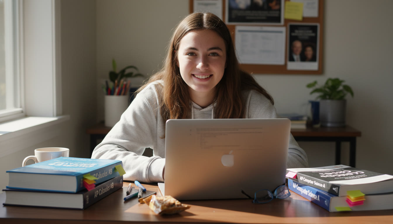 Photo Idea : A bright, candid photo of a high school student studying at a desk with a laptop and AP textbooks open (Calculus and Computer Science visible) — natural light, focused but relaxed expression.