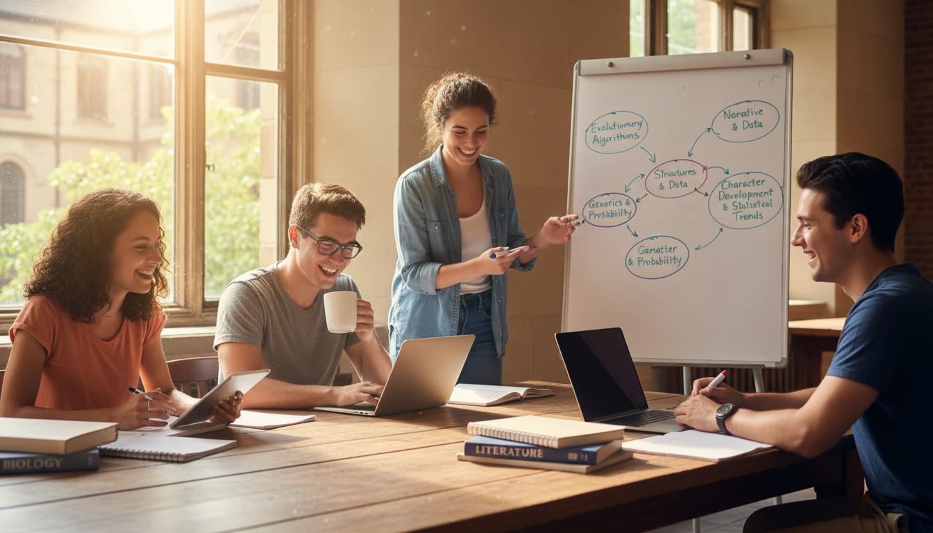 Photo Idea : A sunlit campus study nook with a diverse group of students spread around a table, laptops and AP textbooks open, sketching a mind-map that connects biology, statistics, and literature.