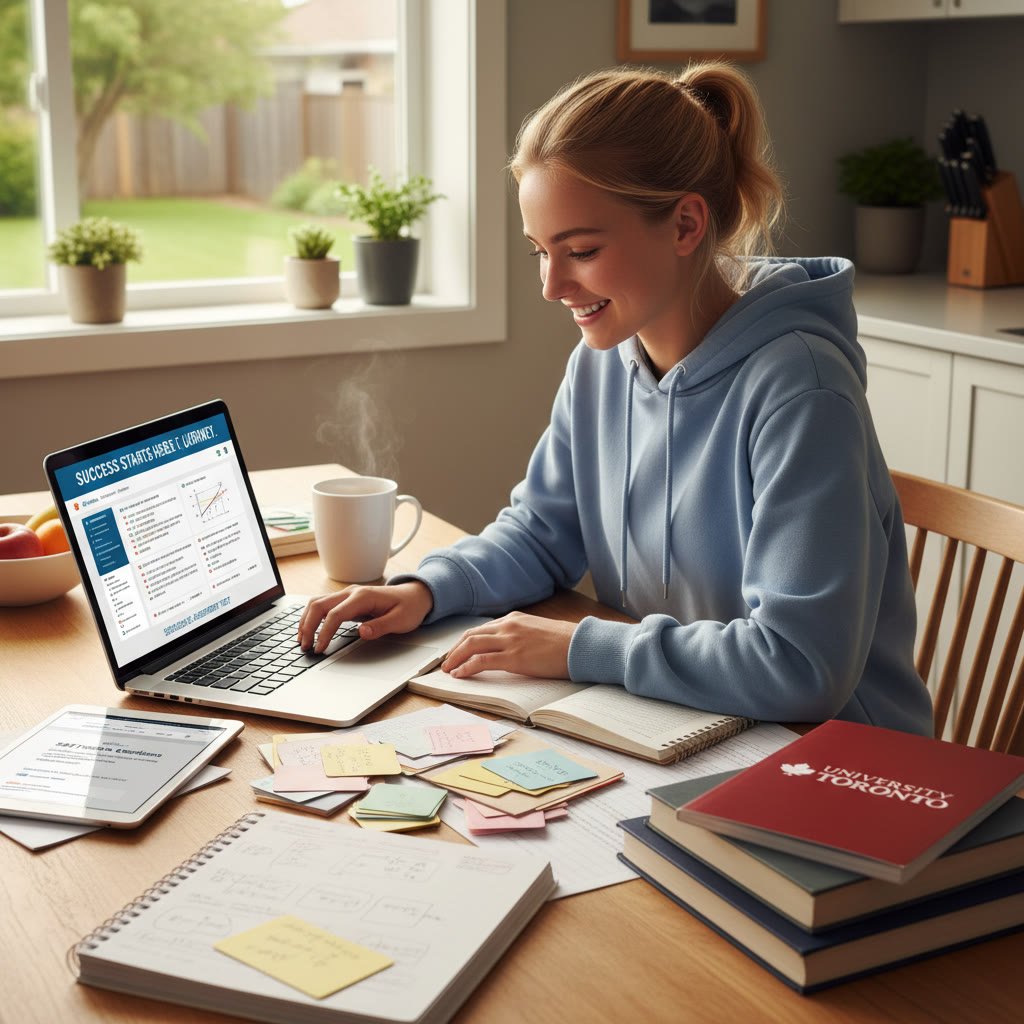 Photo Idea : A focused high-school student using a laptop and paper notes at a kitchen table, with a Canadian university brochure and a tablet open to SAT practice questions visible nearby.