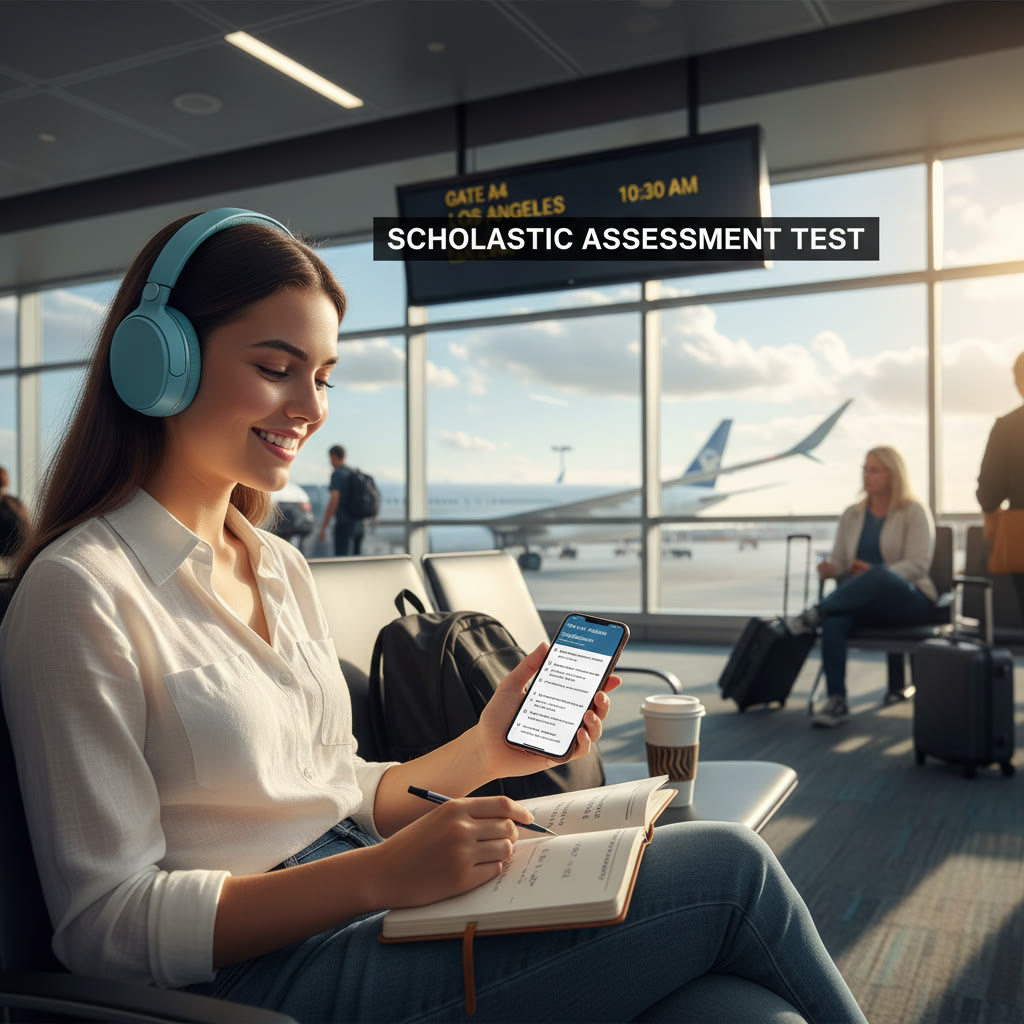 Student studying at an airport gate with a small notebook, headphones, and a phone showing practice questions — the image should convey focus in transit.