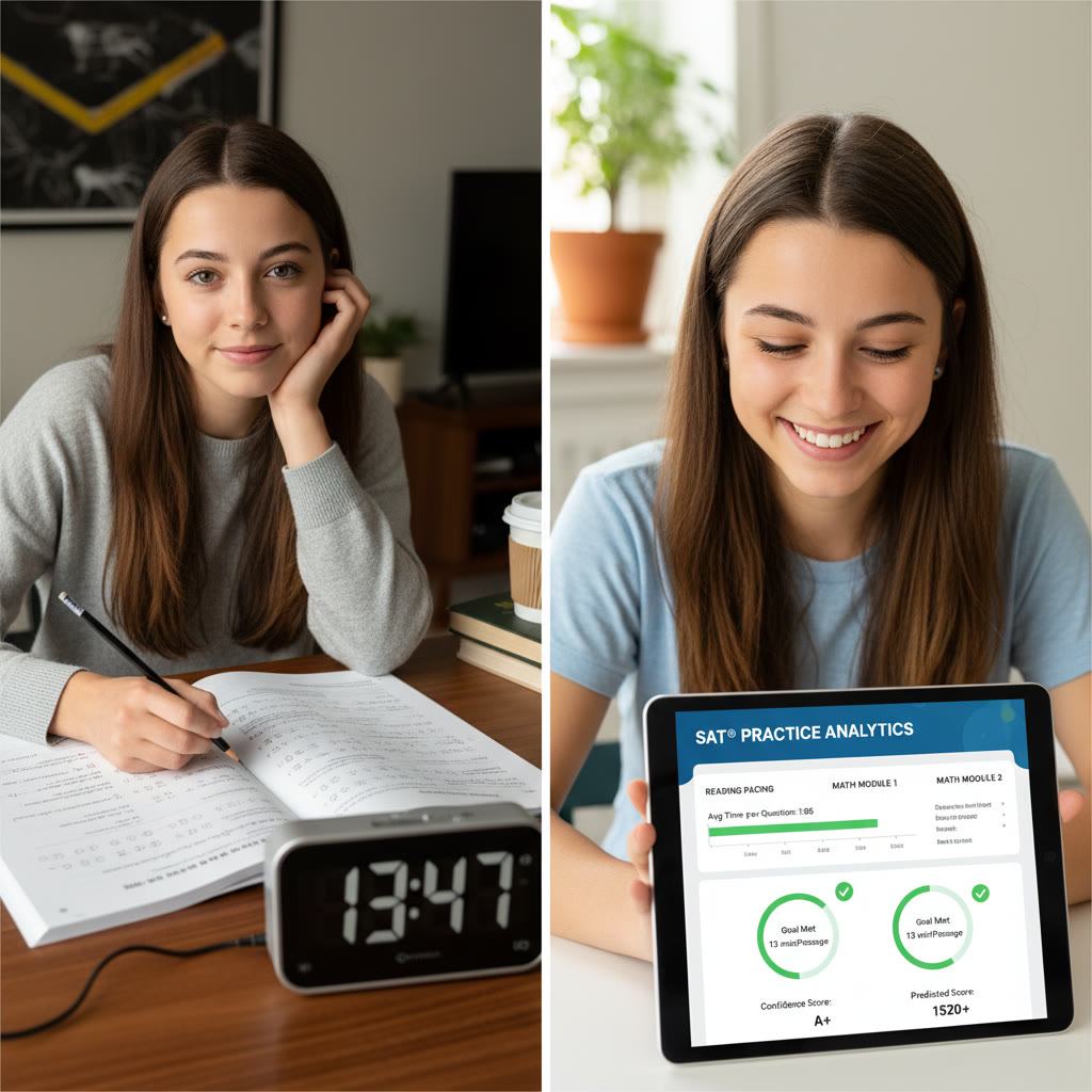 Split-screen image: left shows a student calmly marking a Reading passage with a 13-minute timer visible; right shows the same student later reviewing pacing metrics on a tablet. The mood is focused and confident.
