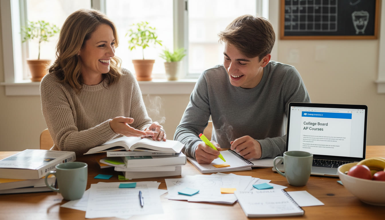 Photo Idea : A warm, natural photo of a parent and teen at a kitchen table, papers and colored tabs spread out, both smiling as they plan. The mood is supportive, not intense.