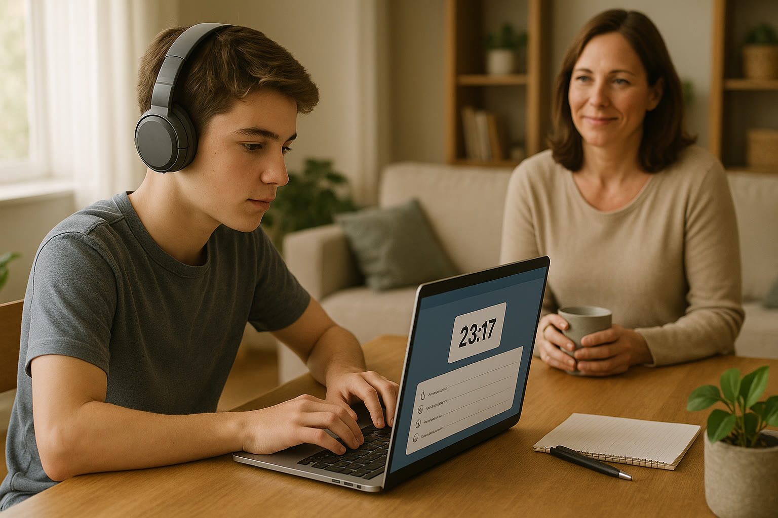 Photo Idea : A student taking a timed digital practice test on a laptop with headphones, with a parent nearby looking supportive but not intervening.