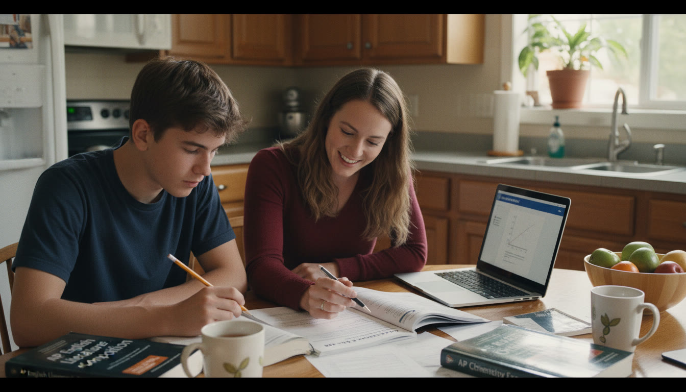 Photo Idea : A tutor and teen working together at a kitchen table with practice AP materials and a laptop—warm, candid moment showing active coaching and focus. This image fits naturally near the section about personalized tutoring and support.