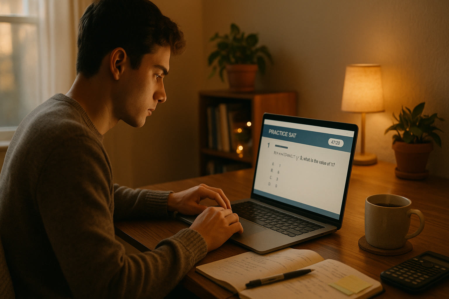 Photo Idea : A focused student at a laptop taking a digital practice SAT in a cozy study corner with study notes and a cup of tea nearby.
