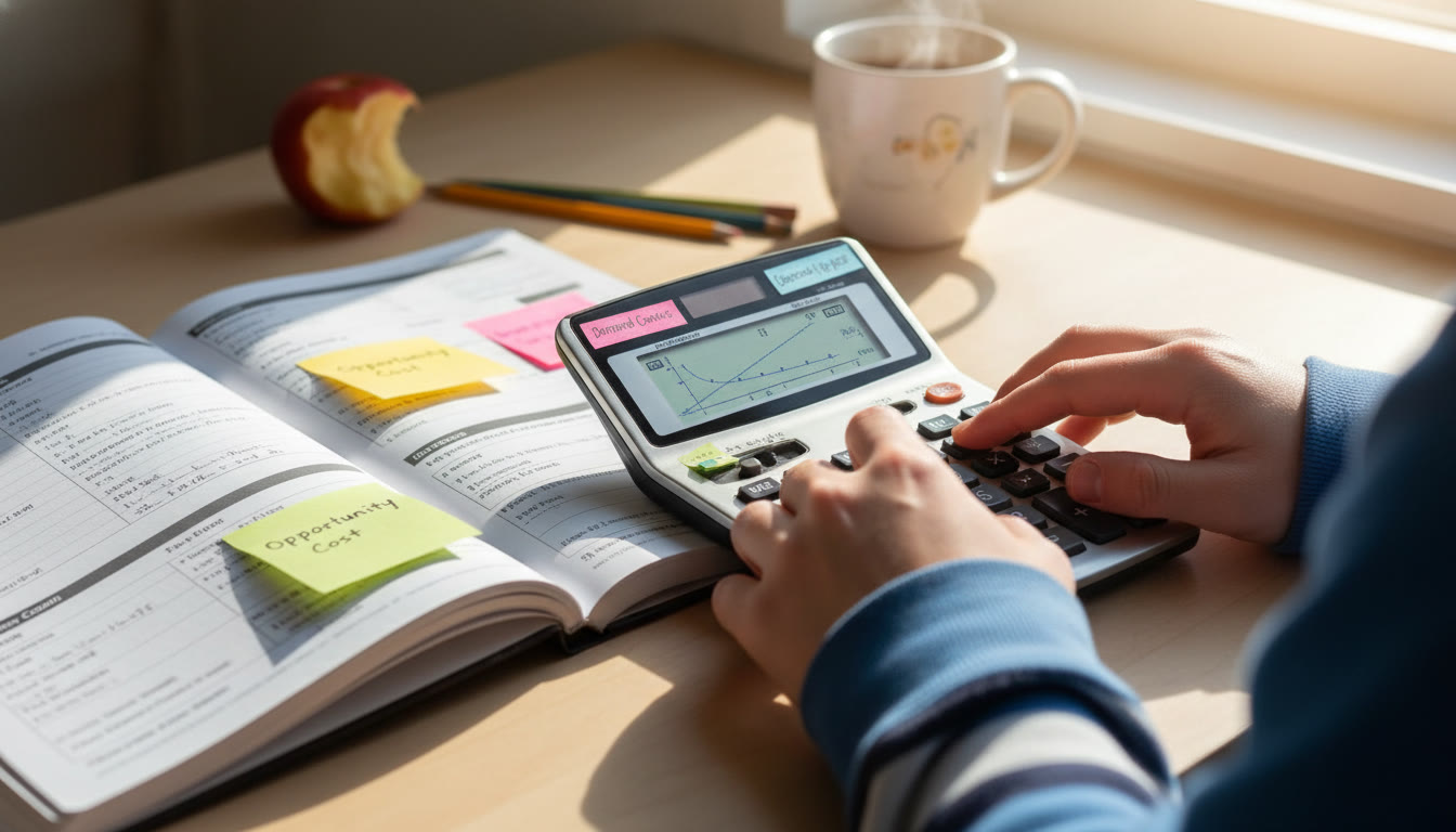 Photo Idea : A close-up of a student’s hands on a graphing calculator with an open AP Economics workbook and sticky notes—warm natural light, candid study vibe.