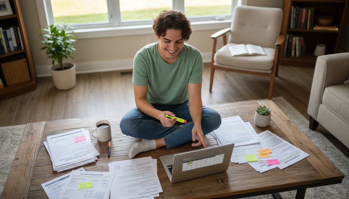 Photo Idea : An aerial shot of a student on a coffee table with co-op application materials, AP subject review sheets, and a laptop displaying a calendar — communicates organization and momentum near the article's conclusion.