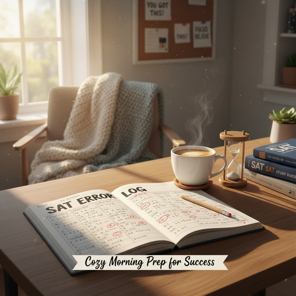 Cozy morning study nook: sunlight on a desk, a notebook with error logs, a half-drunk cup of coffee, a small timer. Description to inspire a blog header image.