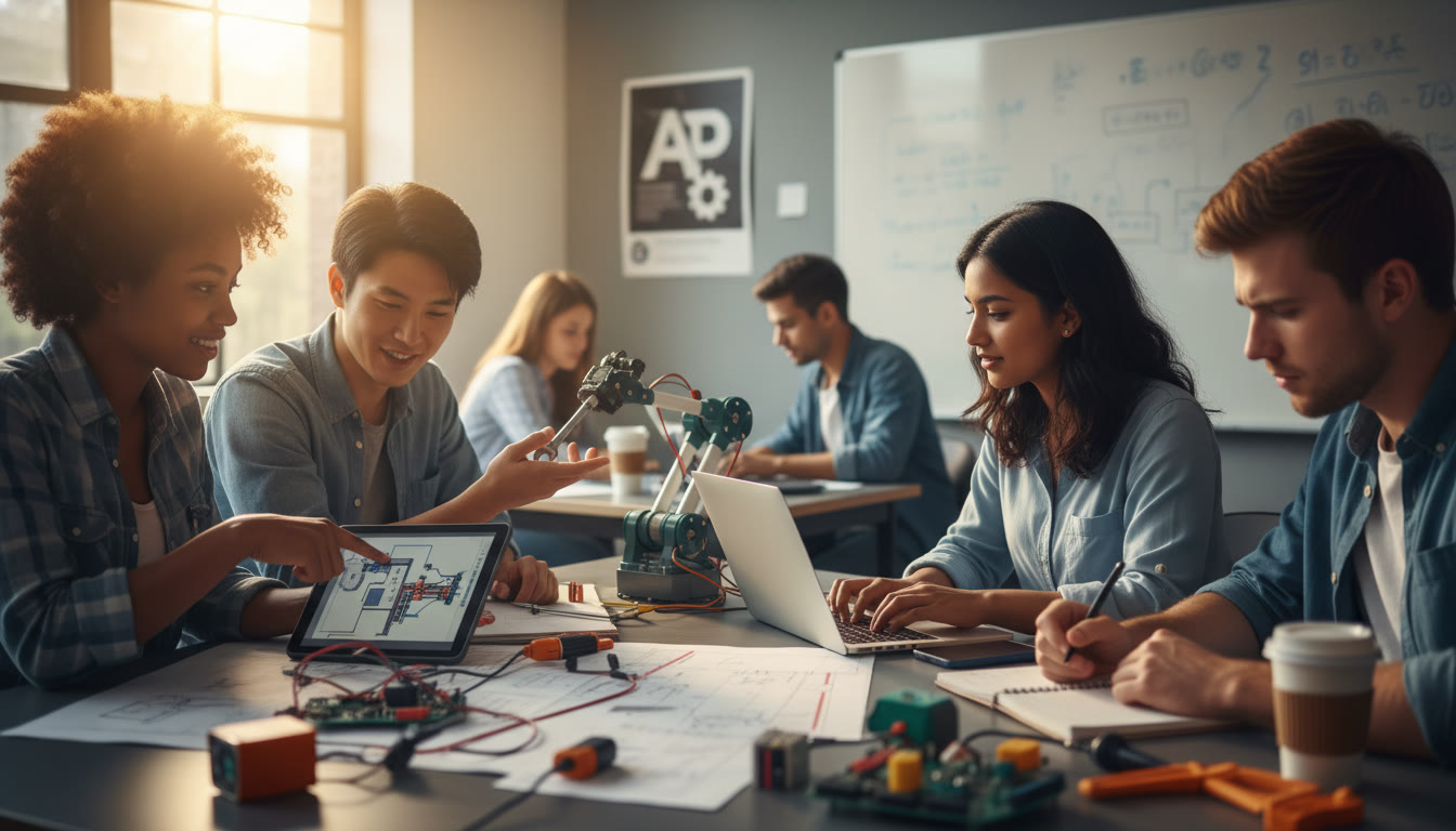 Photo Idea : A vibrant photo of a small group of undergraduate students collaborating in an engineering lab or a business case session. The shot shows diversity, focus, and active problem-solving — ideal for the latter half of the article when discussing college life.