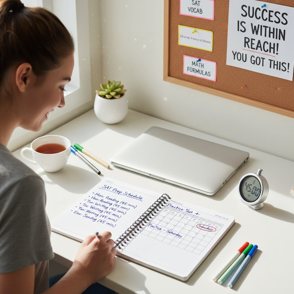 Photo idea: A well-lit study desk with a closed laptop, a notebook with a neat study plan, and a timer set for 45 minutes — illustrating focused, balanced prep.