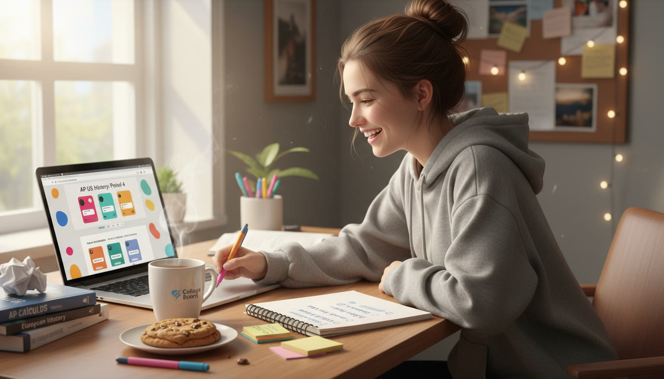 Photo Idea : A bright study nook with a laptop open to colorful digital flashcards, a checklist with checked boxes, and a mug of tea. The scene should feel cozy and energetic, showing a student mid-session with sticky notes and a small reward (like a cookie) nearby.
