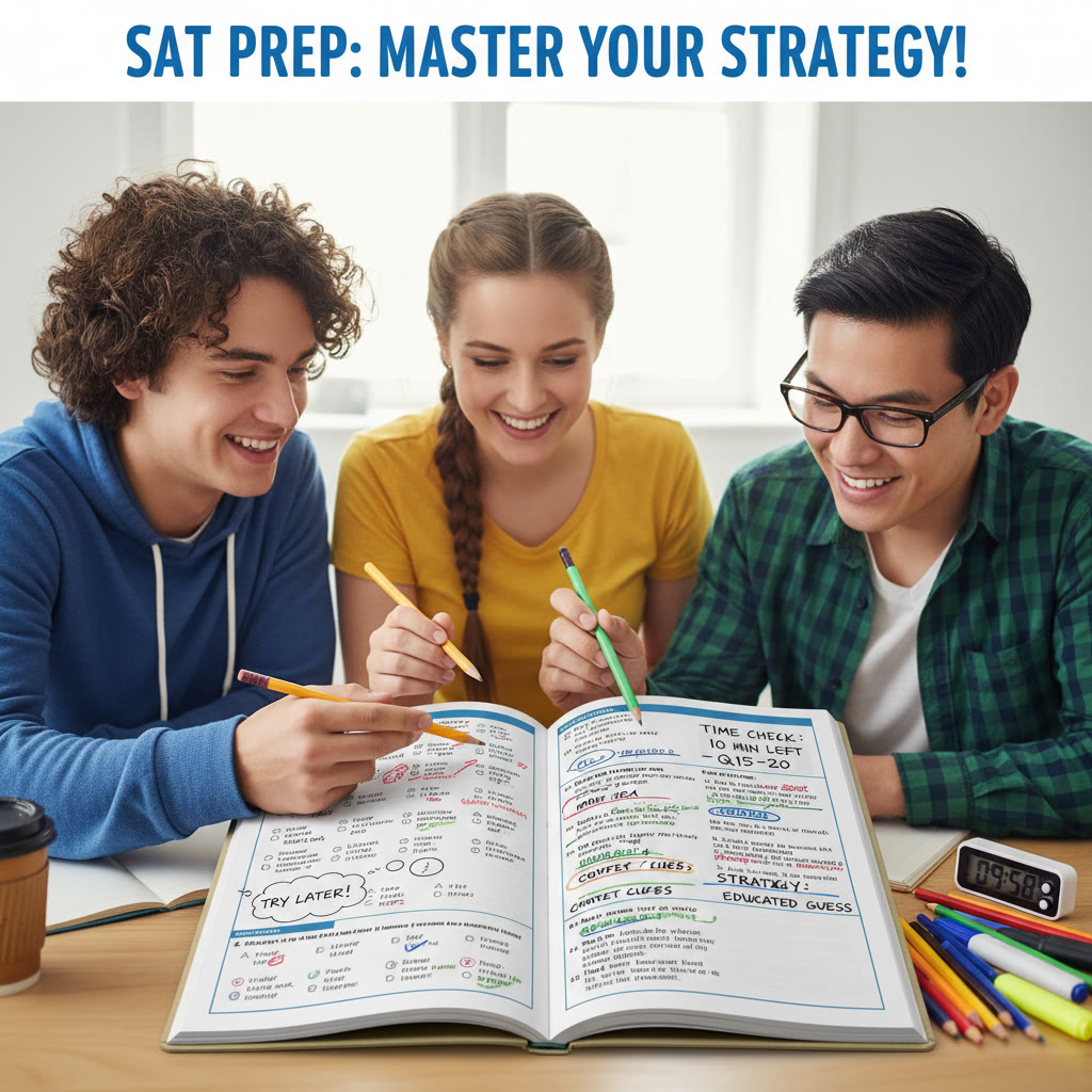 Close-up of a practice test booklet with annotations and time-check notes—illustrate marking strategies.