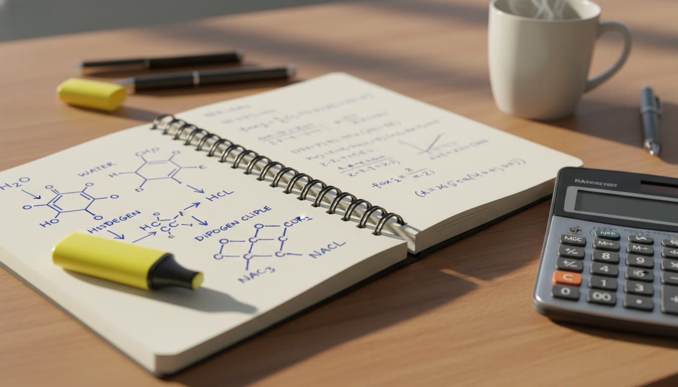Photo Idea : A close-up photo of a student’s notebook with molecular sketches (H2O, HCl, NaCl), force arrows showing IMFs, and a highlighter next to a calculator — warm natural lighting, study-mood aesthetic.