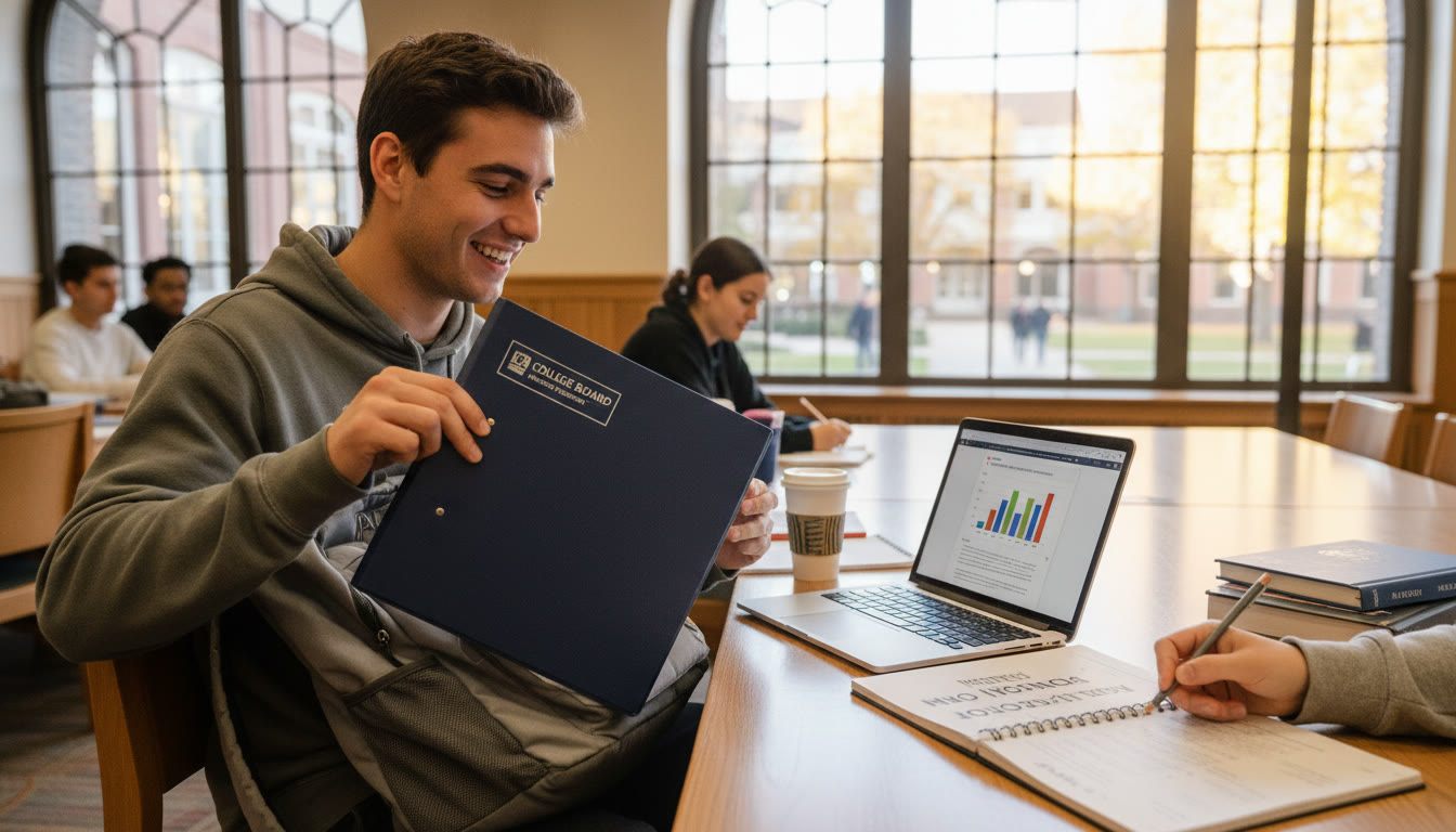 Photo Idea : A student at a campus library weeks into the semester, pulling the AP binder from a backpack, using it beside a laptop while cross‑referencing an intro college syllabus—show continuity from high school AP work to college tasks.